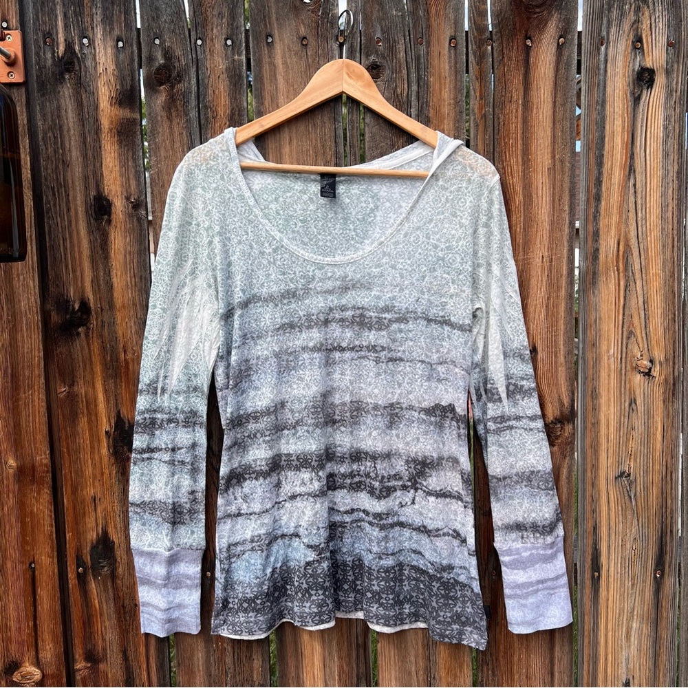 prAna Lightweight Blue Grey Patterned Hooded Long Sleeve Top Breathable Yoga L